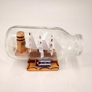 Vtg Cuba Souvenir Ship in a Bottle Handmade Nautical Folk Art Display Stand